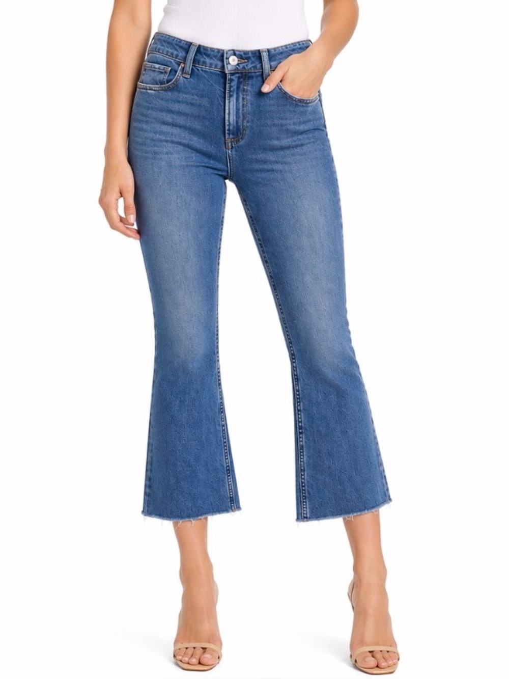 PAIGE Colette Crop Flare Jeans Blue Sonic Distressed Raw Hem Women’s 25